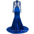 Blue Satin High Neck Dubai Simple and Beautiful Lace Applique Evening Dress with Long Illusion Sleeves
